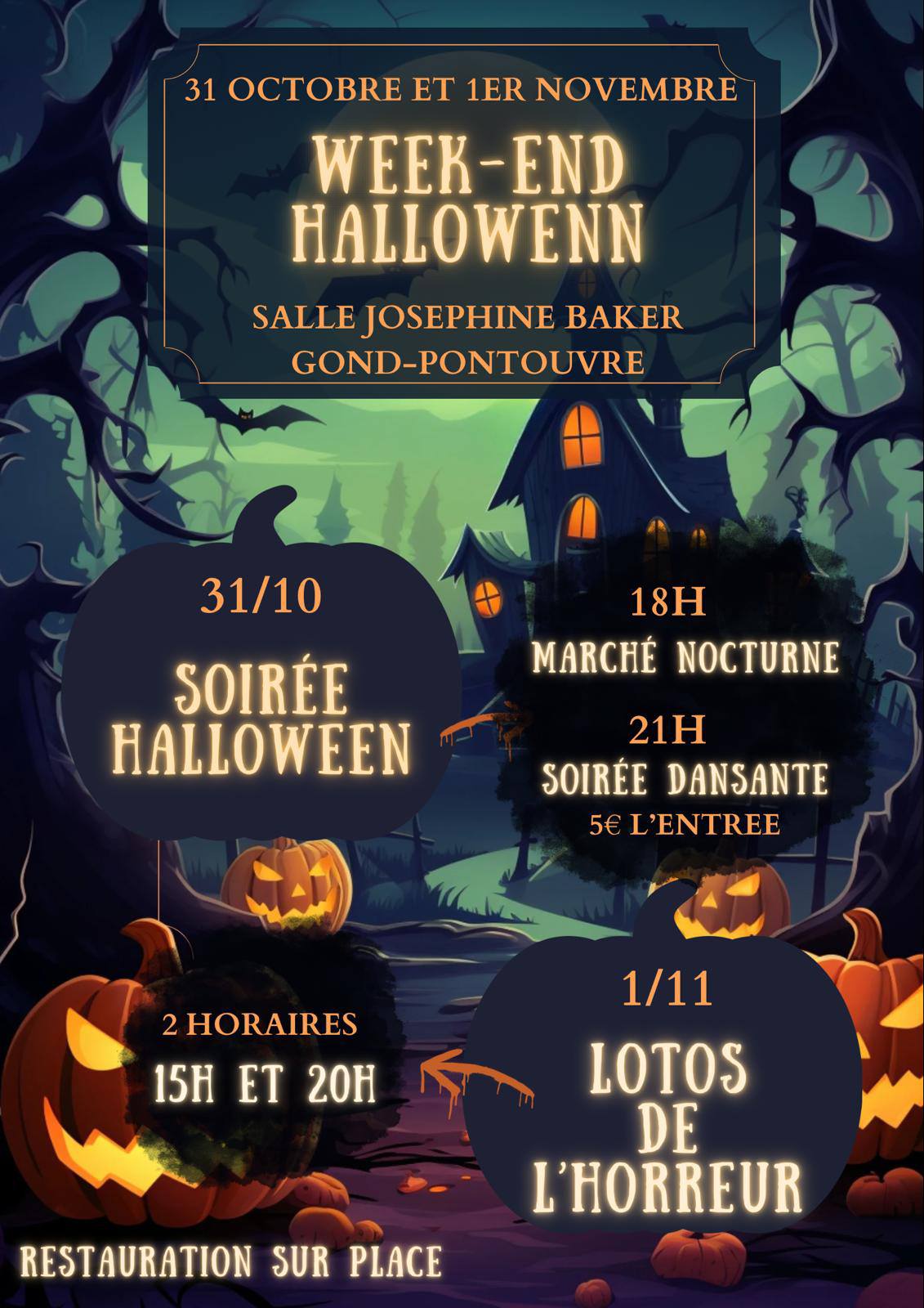 Ce vendredi 31 octobre, grande soirée dansante pour fêter Halloween, précédée d’ un marché nocturne ! Ce samedi 1er novembre, deux grands lotos !