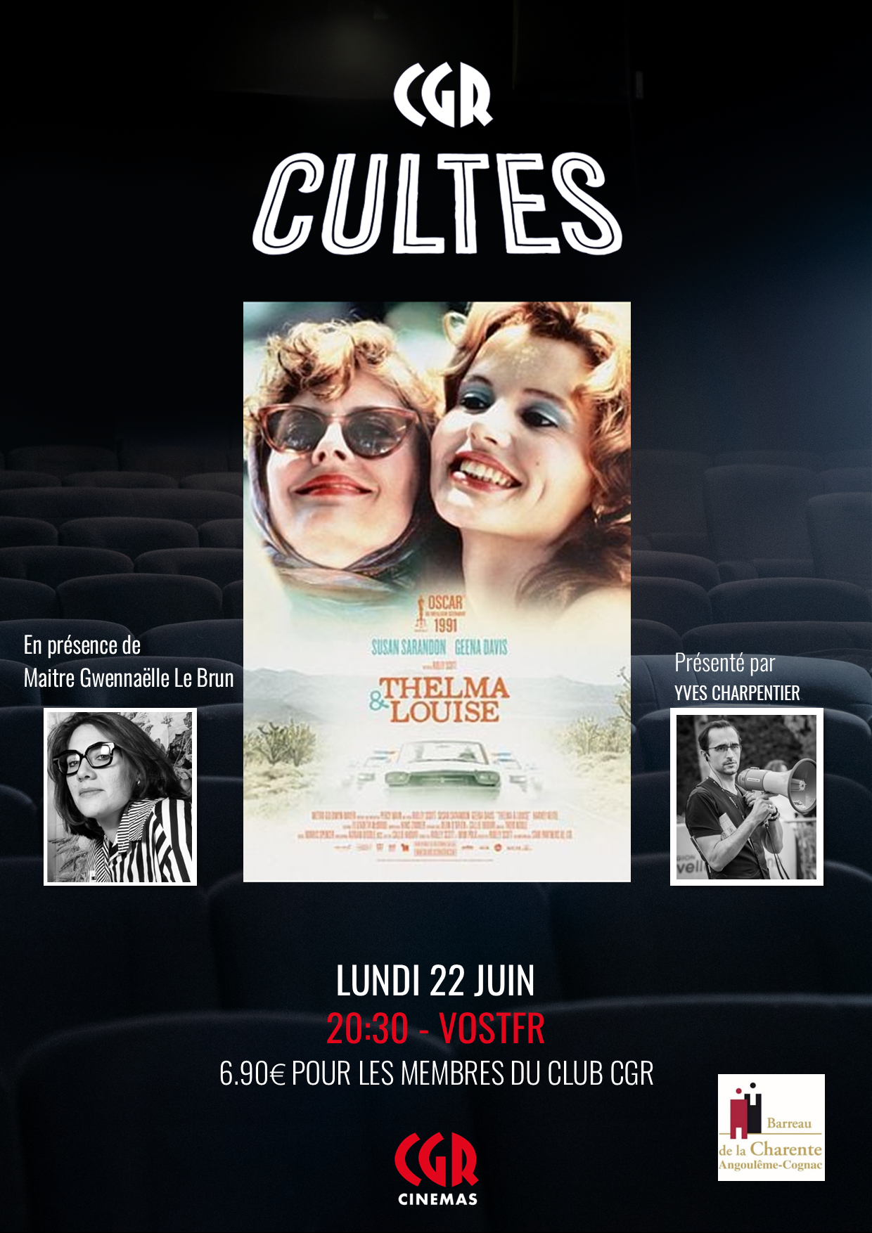 Ce lundi 22 juin, 20h30, le Mega CGR d’Angoulême propose la soirée ciné culte Thelma et Louise avec en invitée, Maître Gwenaëlle LEBRUN (avocate) episode artwork
